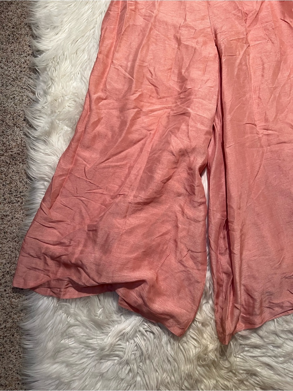 Women's Wide Leg Pants Light Pink Lined Zip Side Linen Feel High Waist Boho - Picture 3 of 8